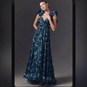 Ieena for Mac Duggal Floral Cut Out Chiffon Gown Midnight Navy